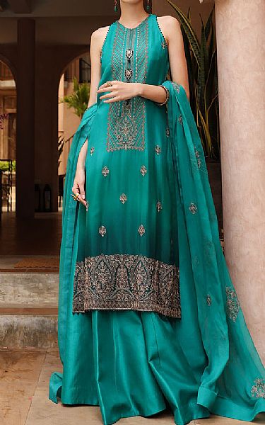Bareeze Turquoise Chiffon Suit (2 Pcs) | Pakistani Embroidered Chiffon Dresses- Image 1