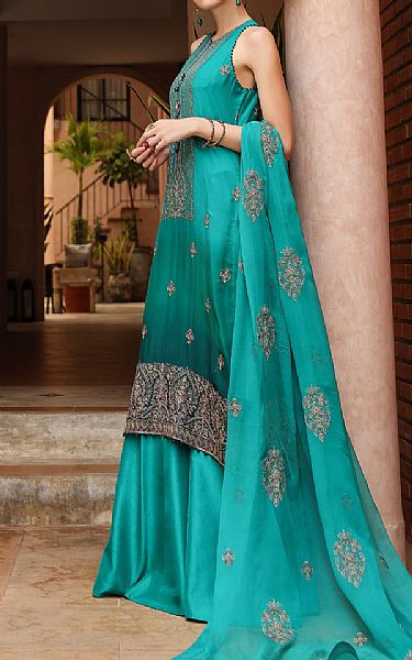 Bareeze Turquoise Chiffon Suit (2 Pcs) | Pakistani Embroidered Chiffon Dresses- Image 2