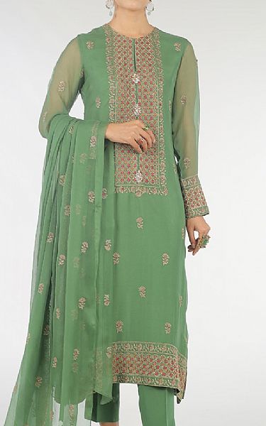 Bareeze Green Chiffon Suit (2 Pcs) | Pakistani Embroidered Chiffon Dresses- Image 1
