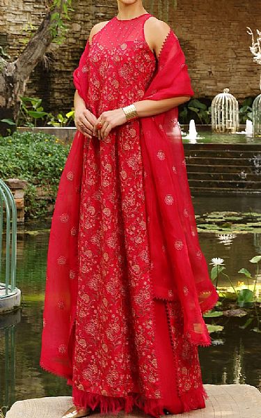 Bareeze Red Organza Suit (2 Pcs) | Pakistani Embroidered Chiffon Dresses- Image 1
