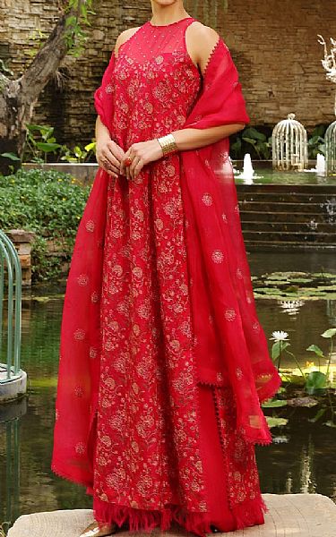 Bareeze Red Organza Suit (2 Pcs) | Pakistani Embroidered Chiffon Dresses USA- Image 1