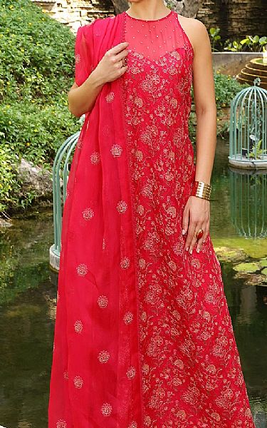 Bareeze Red Organza Suit (2 Pcs) | Pakistani Embroidered Chiffon Dresses- Image 2