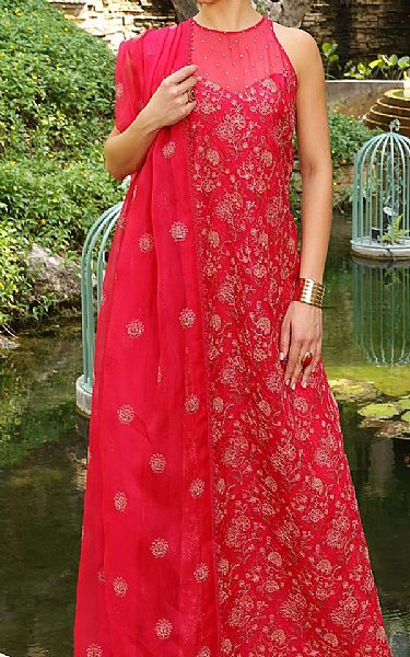 Bareeze Red Organza Suit (2 Pcs) | Pakistani Embroidered Chiffon Dresses USA- Image 2