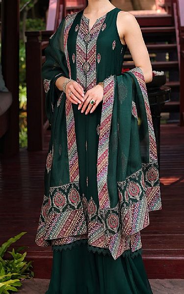 Bareeze Hunter Green Chiffon Self Suit (2 Pcs) | Pakistani Embroidered Chiffon Dresses- Image 1