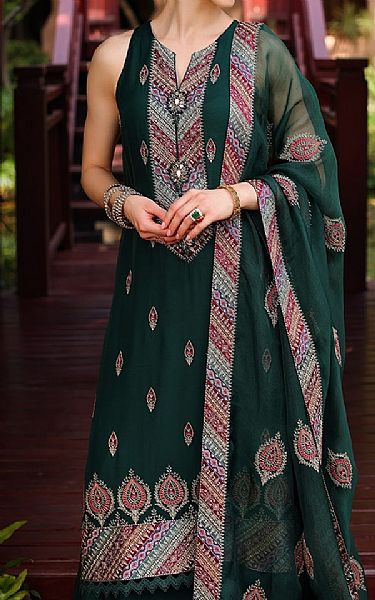 Bareeze Hunter Green Chiffon Self Suit (2 Pcs) | Pakistani Embroidered Chiffon Dresses- Image 2