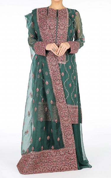 Bareeze Teal Chiffon Suit (2 Pcs) | Pakistani Embroidered Chiffon Dresses- Image 1