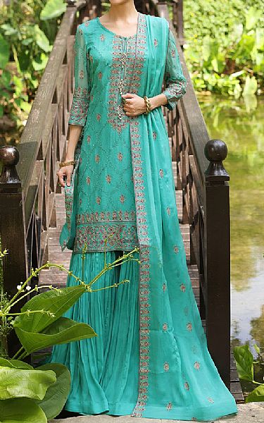 Bareeze Sea Green Chiffon Suit (2 Pcs) | Pakistani Embroidered Chiffon Dresses- Image 1