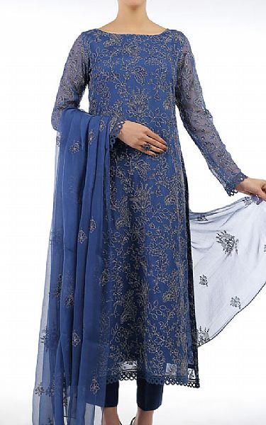 Bareeze Royal Blue Chiffon Suit (2 Pcs) | Pakistani Embroidered Chiffon Dresses- Image 1