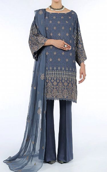 Bareeze Teal Blue Chiffon Suit (2 Pcs) | Pakistani Embroidered Chiffon Dresses- Image 1