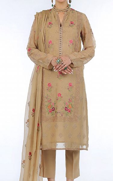 Bareeze Tan Chiffon Suit (2 Pcs) | Pakistani Embroidered Chiffon Dresses- Image 1