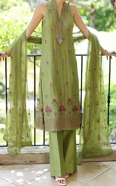 Bareeze Apple Green Chiffon Suit (2 Pcs) | Pakistani Embroidered Chiffon Dresses- Image 1