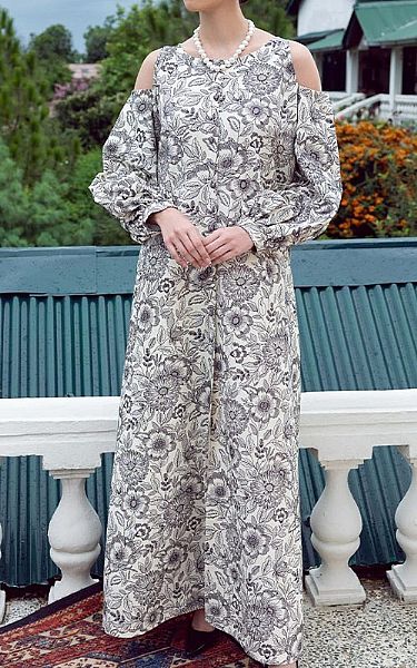 Bareeze Off-white/Grey Karandi Suit (2 Pcs) | Pakistani Winter Dresses- Image 1