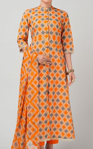 Bareeze Grey/Orange Khaddar Suit | Pakistani Winter Dresses in USA- Image 1