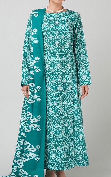 Bareeze Teal/Off White Khaddar Suit | Pakistani Winter Dresses in USA- Image 1