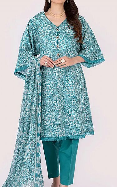 Bareeze Teal/Off White Cambric Suit | Pakistani Lawn Dress in USA- Image 1