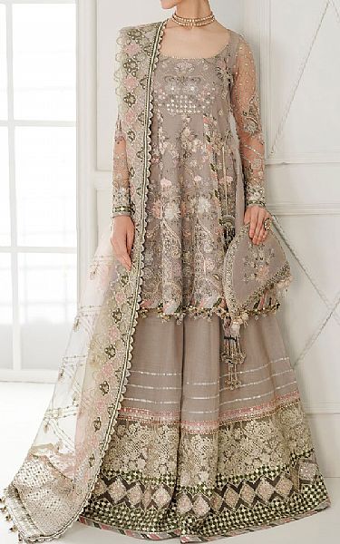 Baroque Warm Grey Net Suit | Pakistani Embroidered Chiffon Dresses USA- Image 1