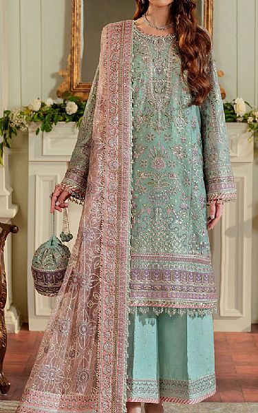 Baroque Turquoise Net Suit | Pakistani Embroidered Chiffon Dresses USA- Image 1
