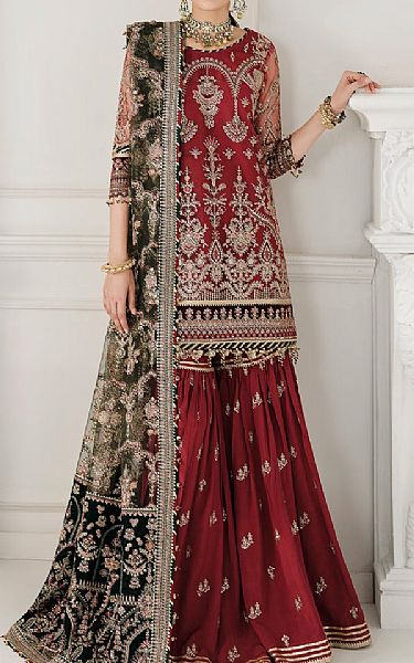 Baroque Scarlet Net Suit | Pakistani Embroidered Chiffon Dresses USA- Image 1