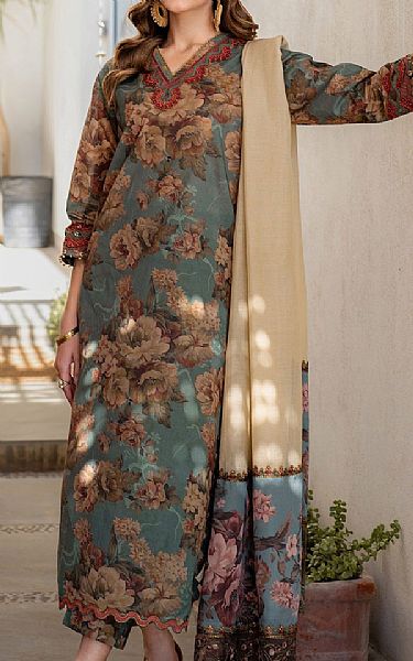Baroque Greyish Turquoise Lawn Suit | Pakistani Lawn Dress in USA- Image 1