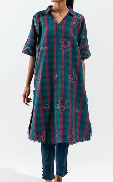 Beechtree Teal Yarn Dyed Kurti | Pakistani Winter Dresses- Image 1