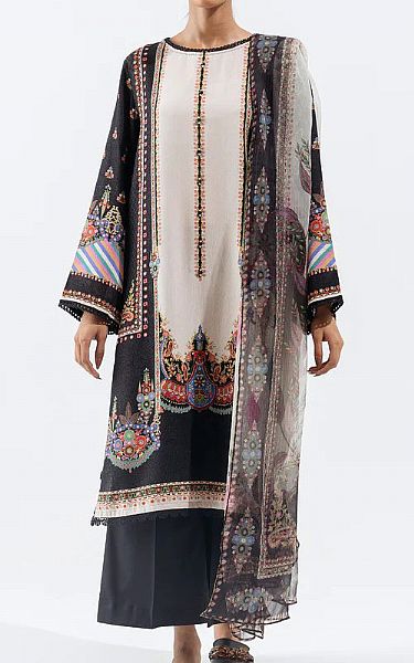 Beechtree Off-white/Black Karandi Suit | Pakistani Winter Dresses- Image 1