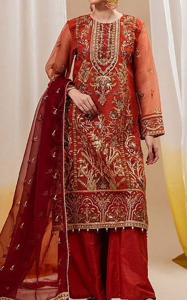 Beechtree Flame Red Organza Suit | Pakistani Embroidered Chiffon Dresses- Image 1