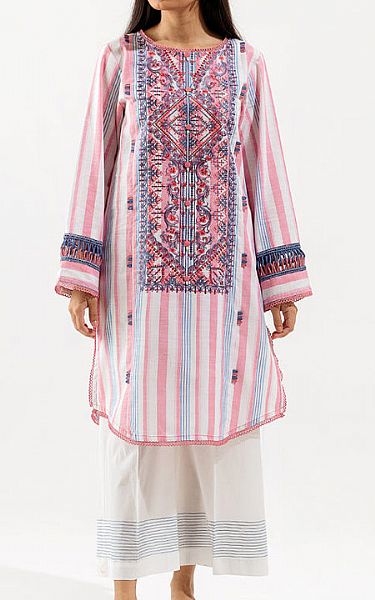 Beechtree Off-white/Pink Yarn Dyed Kurti | Pakistani Winter Dresses- Image 1