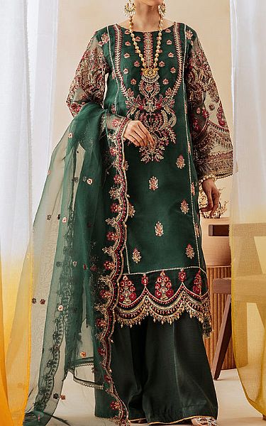 Beechtree Green Organza Suit | Pakistani Embroidered Chiffon Dresses- Image 1