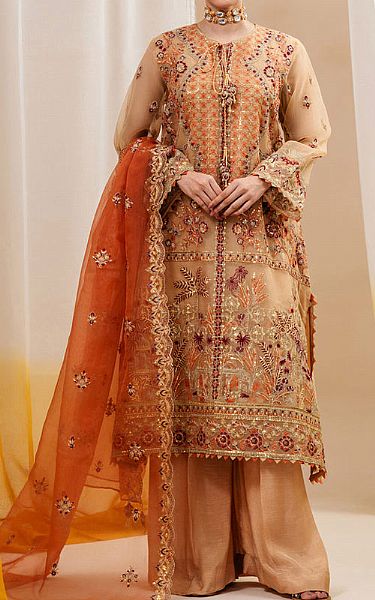 Beechtree Ivory/Peach Organza Suit | Pakistani Embroidered Chiffon Dresses- Image 1