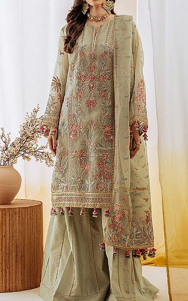 Beechtree Pistachio Green Organza Suit | Pakistani Embroidered Chiffon Dresses- Image 1