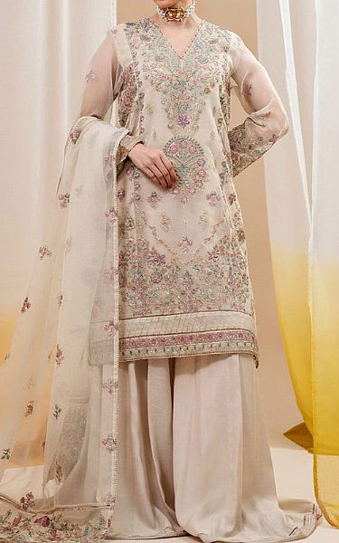 Beechtree Off-white Organza Suit | Pakistani Embroidered Chiffon Dresses- Image 1