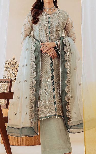 Beechtree Light Turquoise Organza Suit | Pakistani Embroidered Chiffon Dresses- Image 1