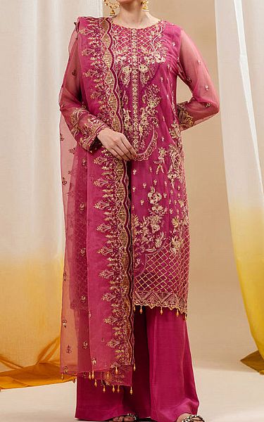 Beechtree Fuchsia Pink Organza Suit | Pakistani Embroidered Chiffon Dresses- Image 1