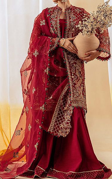 Beechtree Scarlet Organza Suit | Pakistani Embroidered Chiffon Dresses- Image 1