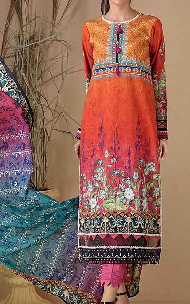 Bonanza Safety Orange/Hot Pink Khaddar Suit | Pakistani Dresses in USA- Image 1