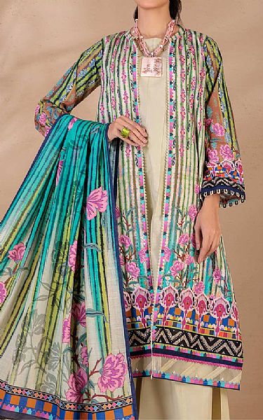 Bonanza Off-white/Turquoise Khaddar Suit (2 Pcs) | Pakistani Winter Dresses- Image 1