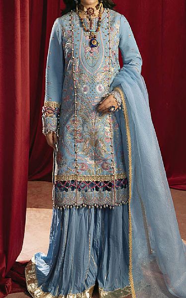 Bonanza Light Blue Silk Suit | Pakistani Embroidered Chiffon Dresses USA- Image 1