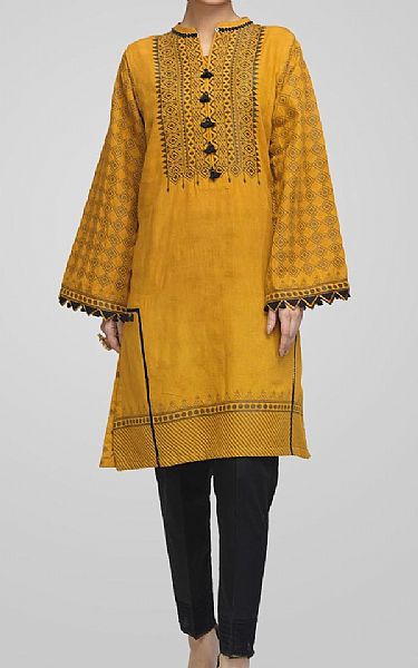 Bonanza Mustard Jacquard Kurti | Pakistani Dresses in USA- Image 1