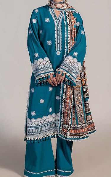 Bonanza Peacock Blue Khaddar Suit | Pakistani Winter Dresses in USA- Image 1