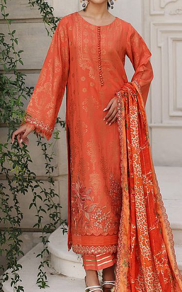 Charizma Safety Orange Jacquard Suit | Pakistani Winter Dresses- Image 1