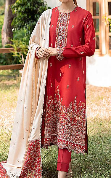 Cross Stitch Red Cotton Suit | Pakistani Winter Dresses- Image 1