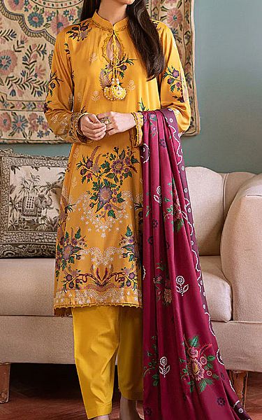 Cross Stitch Mustard Cotton Suit | Pakistani Winter Dresses- Image 1