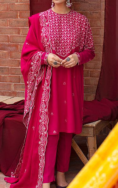 Cross Stitch Hot Pink Linen Suit | Pakistani Winter Dresses- Image 1