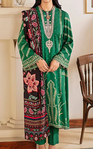Cross Stitch Forest Green Linen Suit | Pakistani Winter Dresses- Image 1