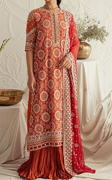 Cross Stitch Safety Orange Chiffon Suit | Pakistani Embroidered Chiffon Dresses- Image 1