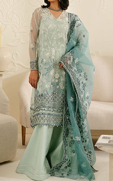 Cross Stitch Light Turquoise Organza Suit | Pakistani Embroidered Chiffon Dresses- Image 1