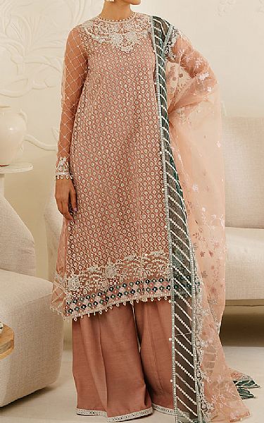Cross Stitch Peach Organza Suit | Pakistani Embroidered Chiffon Dresses- Image 1