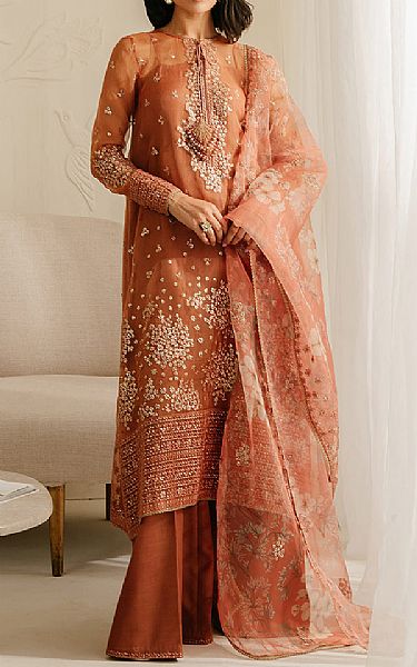 Cross Stitch Rust Organza Suit | Pakistani Embroidered Chiffon Dresses- Image 1