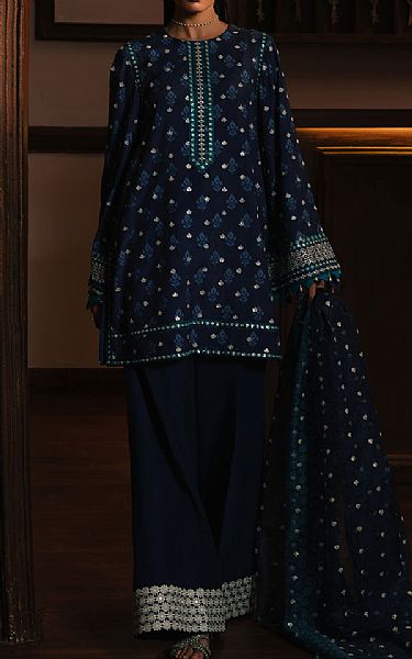 Cross Stitch Navy Blue Silk Suit | Pakistani Embroidered Chiffon Dresses USA- Image 1