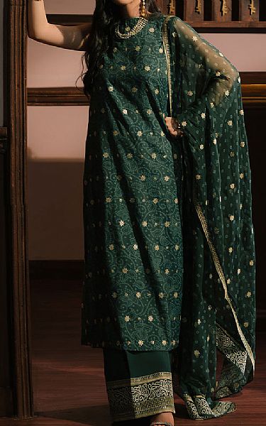 Cross Stitch Green Silk Suit | Pakistani Embroidered Chiffon Dresses USA- Image 1